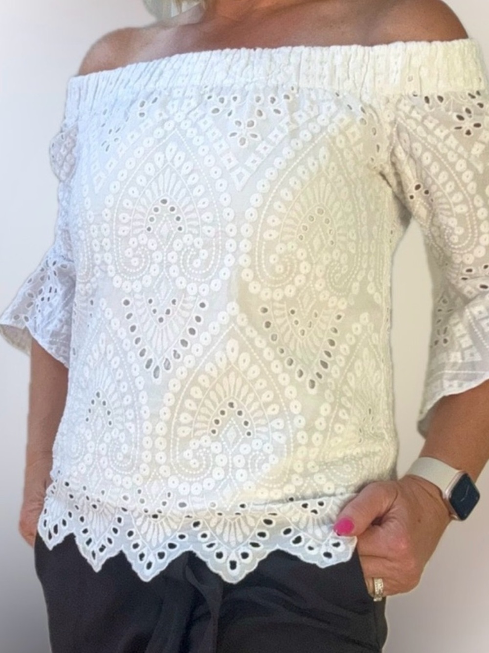 EUC- Trina Turk 100% Cotton Off the Shoulder Eyelet Top